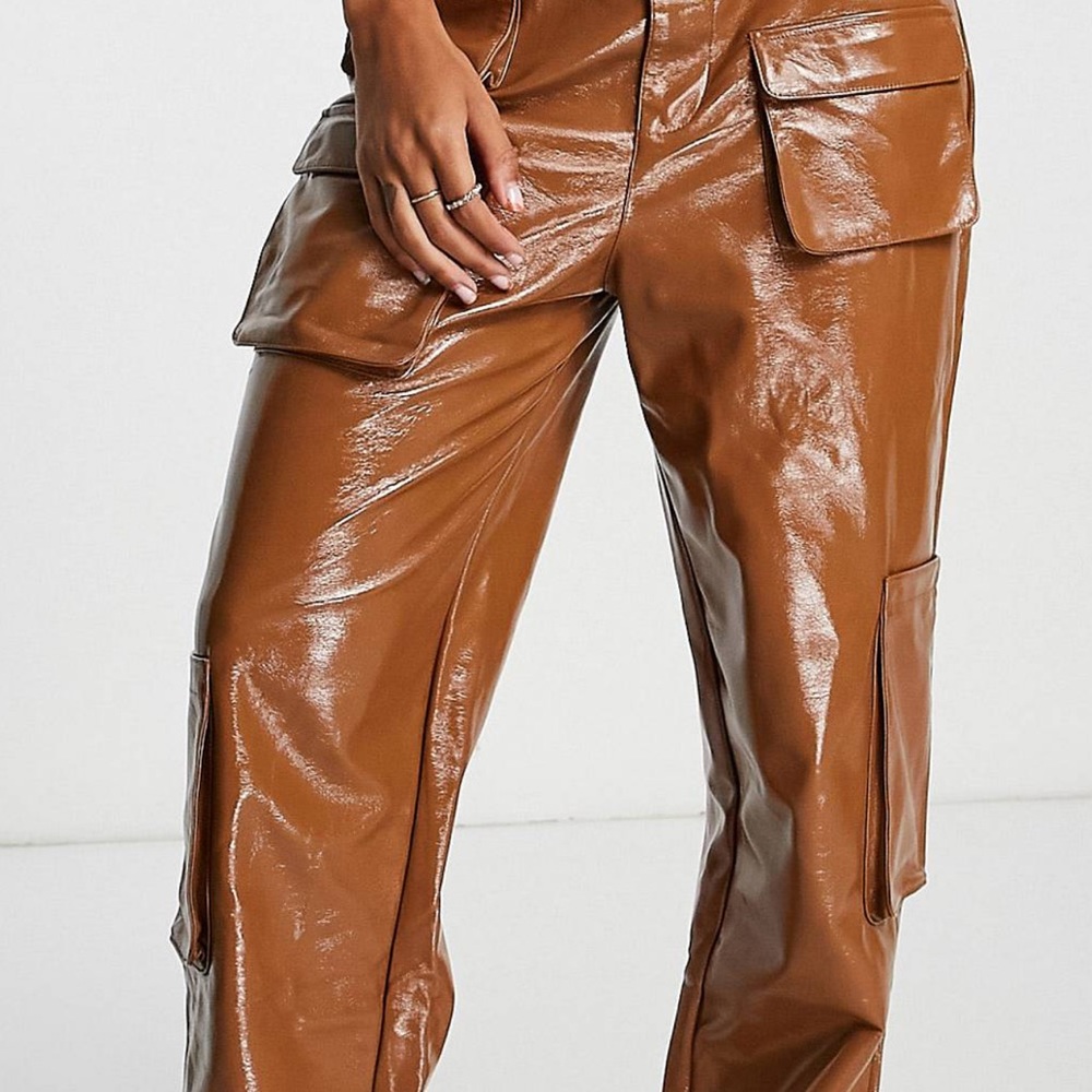 Worn once! Faux patent leather cargo pants in camel color. Size 27, from ASOS.
